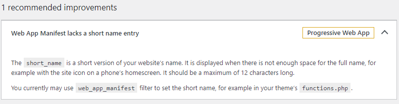 Recommended Improvement from Site Health Report to add PWA short-name